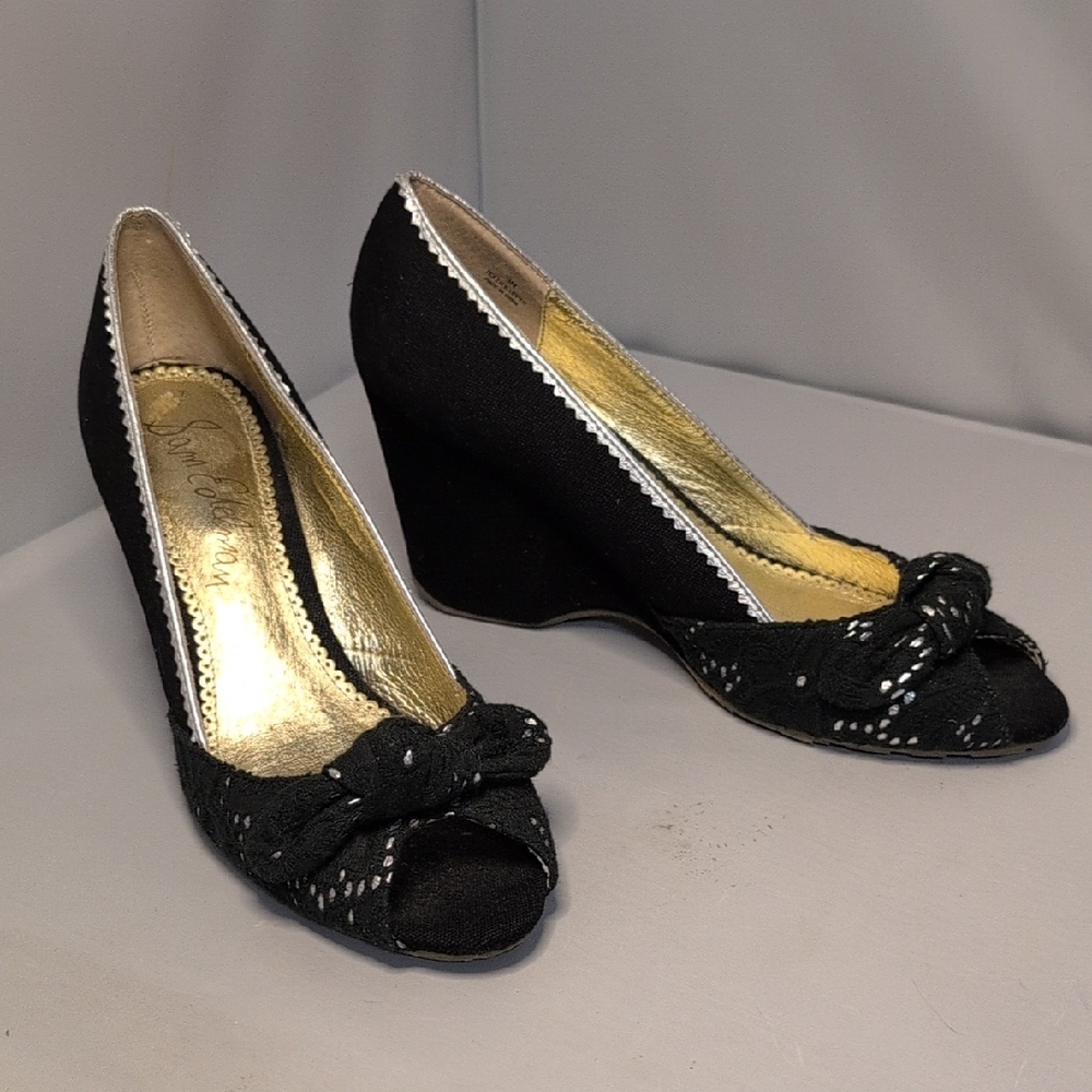 Sam Edelman Black & Silver Canvas Peep Toe Wedge Heels - Picture 2 of 16